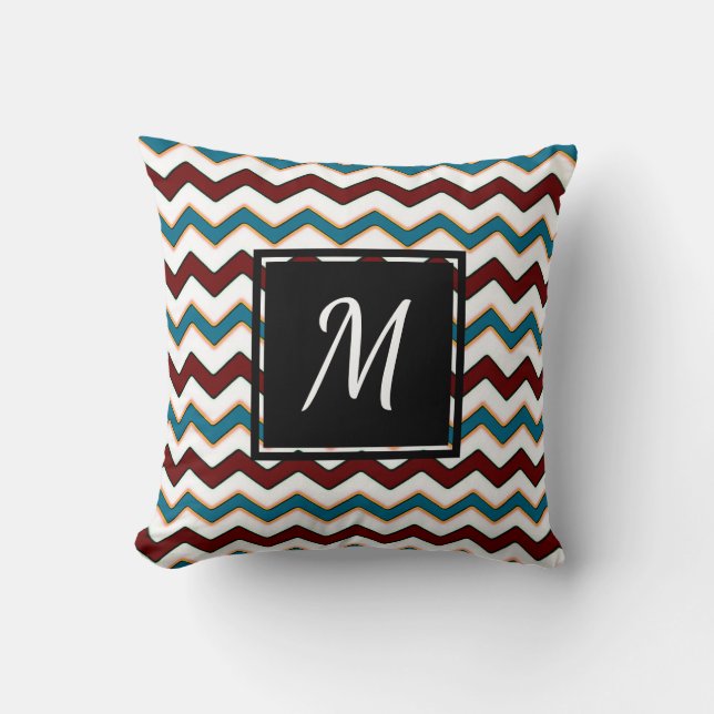 Teal Burgundy Chevron Monogram Chic Throw Pillow (Front)