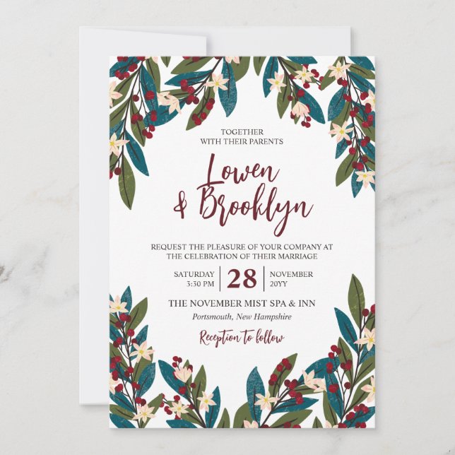 Teal & Burgundy Floral Berry Twigs Wedding Invitation (Front)