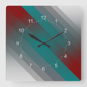 teal burgundy grey stripes square wall clock