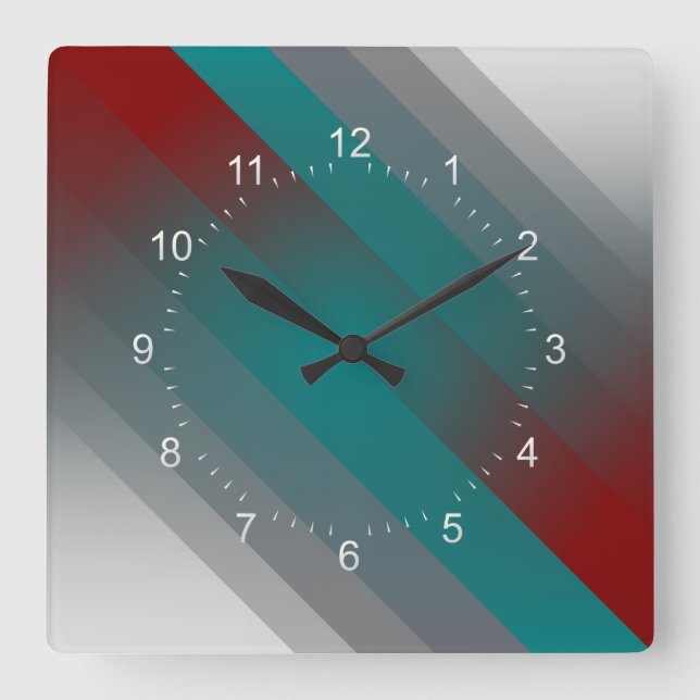teal burgundy grey stripes square wall clock (Front)