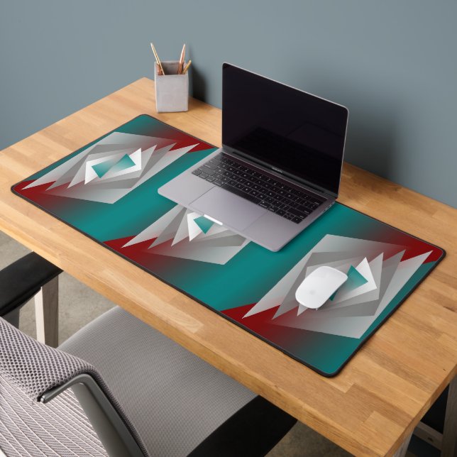 Teal Burgundy Grey Triangles Desk Mat (Office 2)