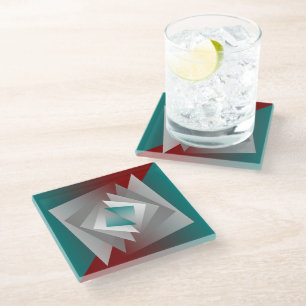 Teal Burgundy Grey Triangles Glass Coaster