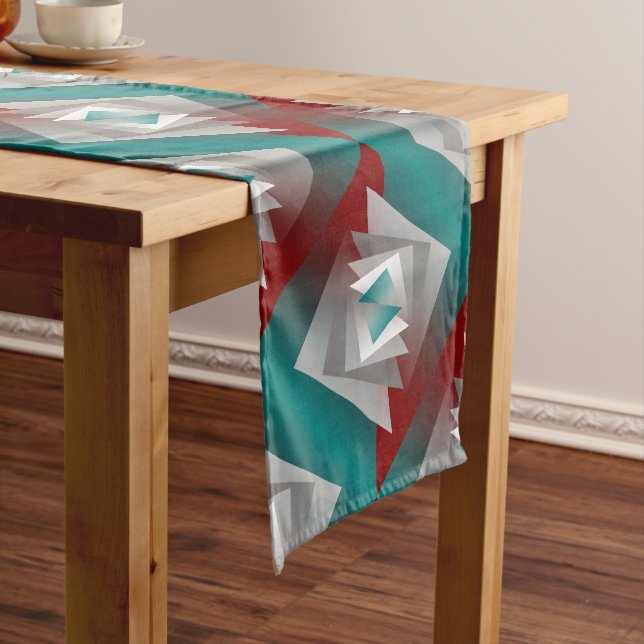 Teal Burgundy Grey Triangles Long Table Runner (In Situ)