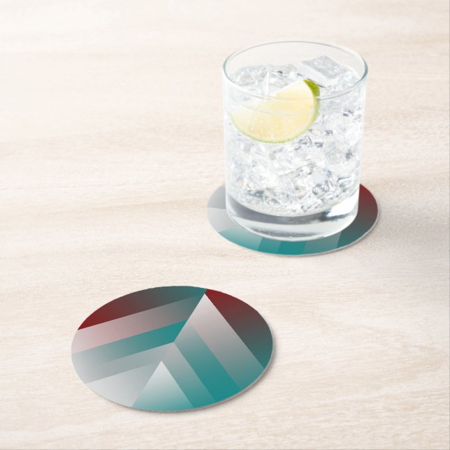 teal burgundy grey triangles round paper coaster (Insitu)