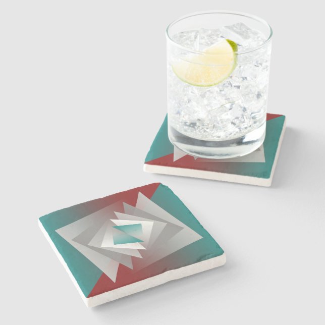 Teal Burgundy Grey Triangles Stone Coaster (Side)