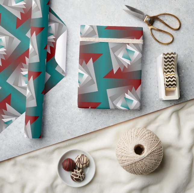 Teal Burgundy Grey Triangles Wrapping Paper (Crafts)