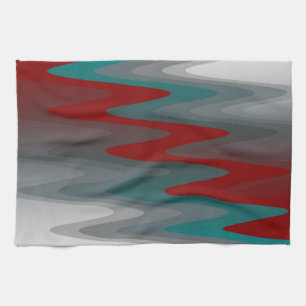 teal burgundy grey waves tea towel