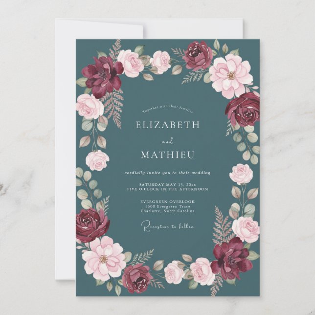 Teal Burgundy Moody Winter Wedding Invitation (Front)