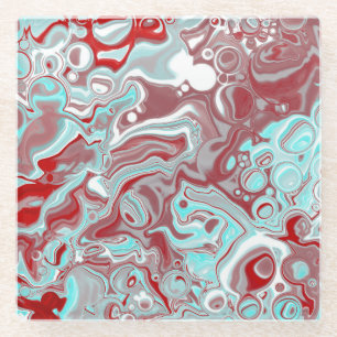 Teal, Burgundy, Red and White Marble Swirls   Glass Coaster