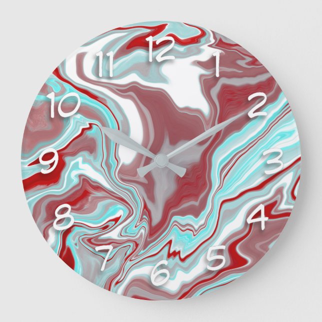 Teal, Burgundy, Red and White Marble Swirls   Large Clock (Front)