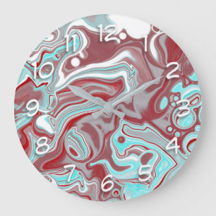 Teal, Burgundy, Red and White Marble Swirls  Large Clock