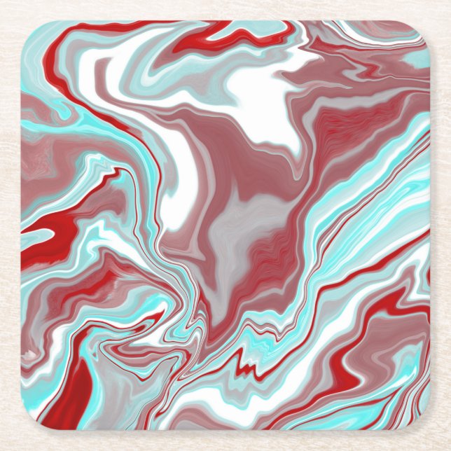 Teal, Burgundy, Red and White Marble Swirls     Square Paper Coaster (Front)