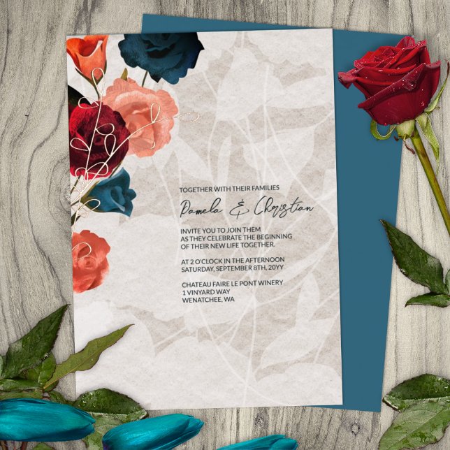 Teal, Burgundy, Rose Gold, Boho Garden Wedding (summer sangria berry wine red burgundy rose gold peach wedding color palette invitations gold leaves)