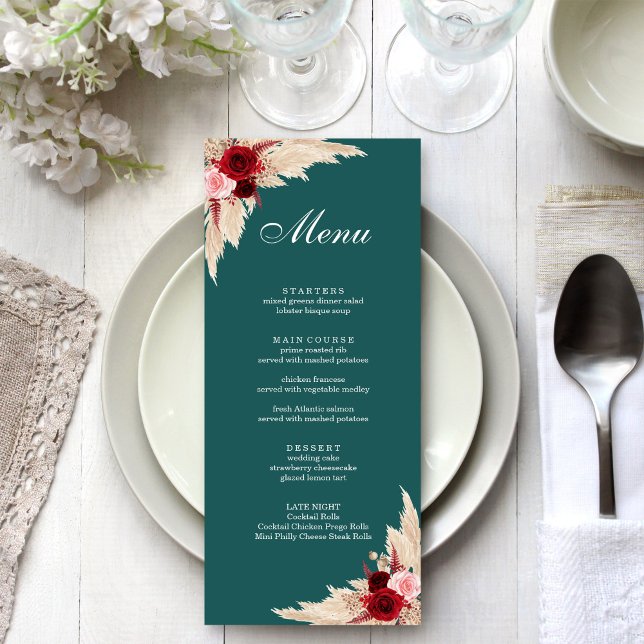 Teal Burgundy Roses and Pampas Grass Menu (Teal Burgundy Roses and Pampas Grass Menu on a white wedding dinner table.)