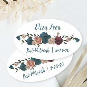 Teal Burgundy Roses Bat Mitzvah Favour Sticker
