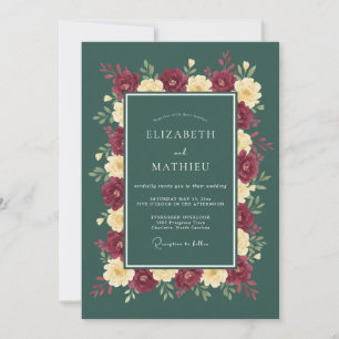 Teal Burgundy Watercolor Floral Wedding Invitation