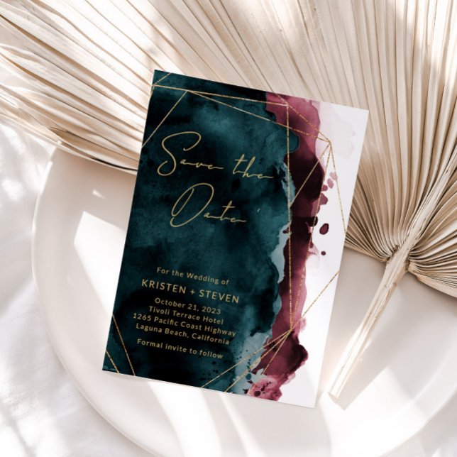 Teal & Burgundy Watercolor Save The Date Invitation (Creator Uploaded)