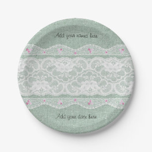 Teal Burlap and White Lace Paper Plate