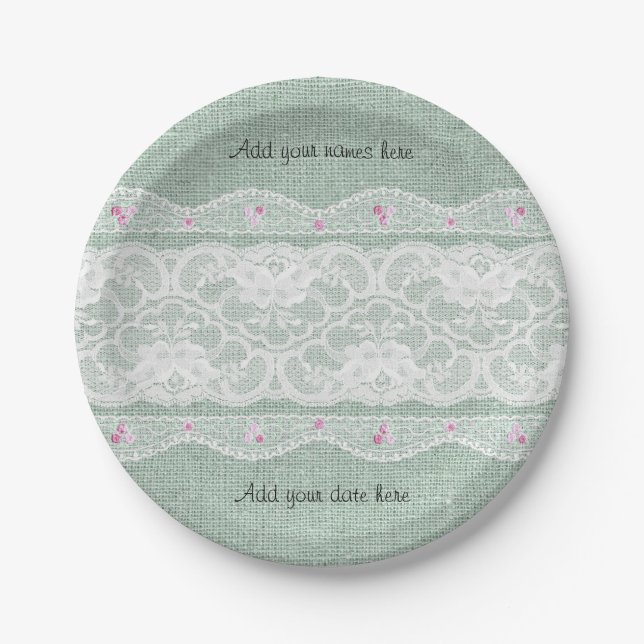 Teal Burlap and White Lace Paper Plate (Front)