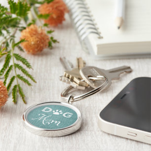 Teal Burlap Dog Mum Metal Keychain