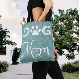 Teal Burlap Dog Mum Tote Bag
