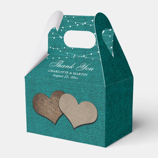 Teal Burlap Heart Wedding Thank You Favour Box (Front Side)