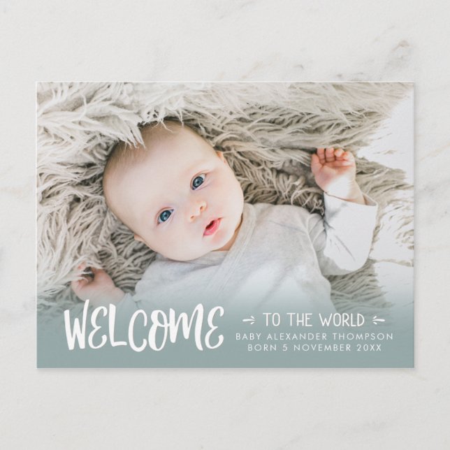 Teal Burlap Welcome to the World Photo Birth Announcement Postcard (Front)