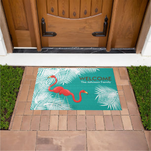 Teal Burlap with Pink Flamingos Doormat