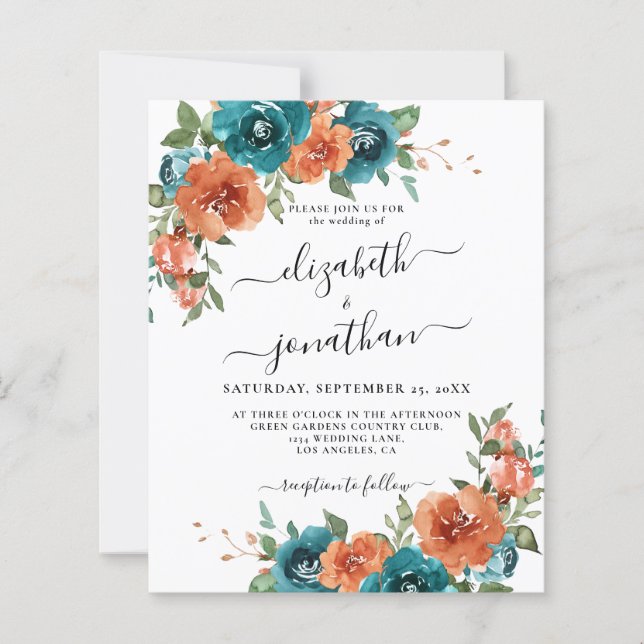 Teal Burnt Orange Budget Rust Wedding Invitation (Front)