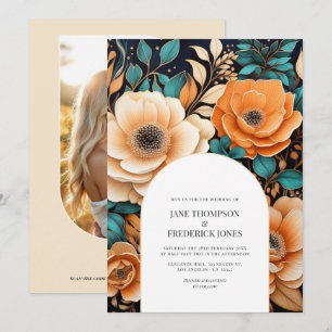 Teal Burnt Orange Champagne Photo QR Code Wedding Invitation