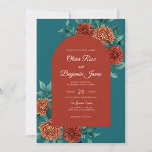 Teal Burnt Orange Dahlia Wedding Invitation