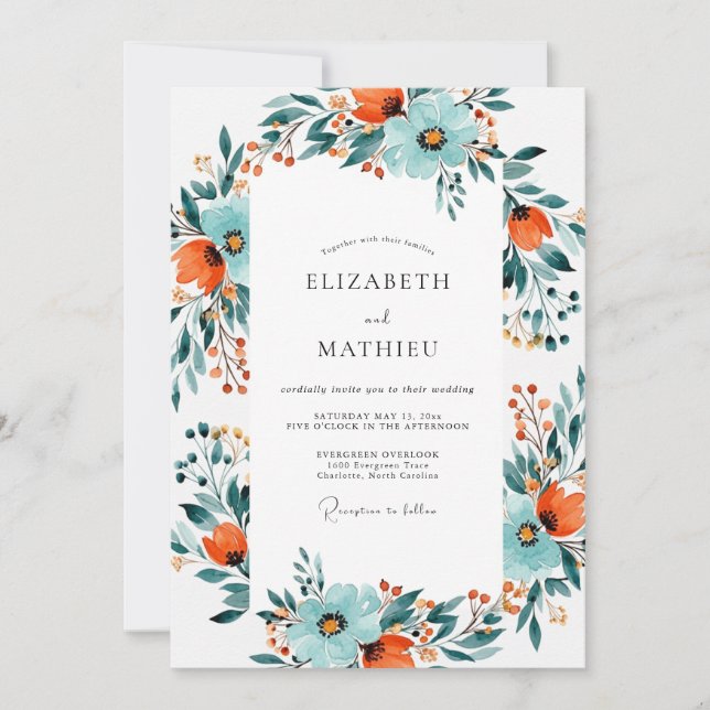 Teal Burnt Orange Dynamic Botanical Wedding Invitation (Front)