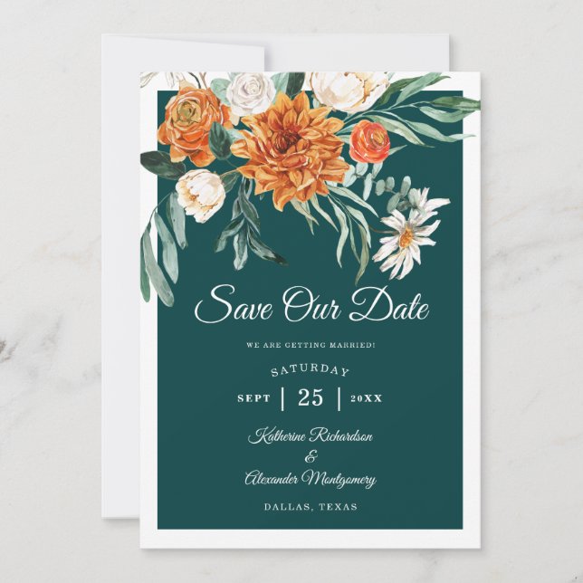 Teal Burnt Orange Elegant Autumn Floral Wedding  Save The Date (Front)