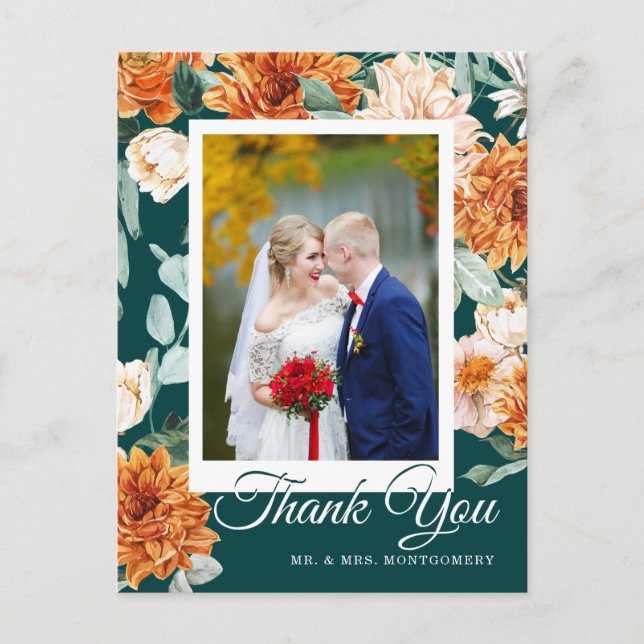Teal Burnt Orange Floral Autumn Wedding Thank You Postcard (Front)