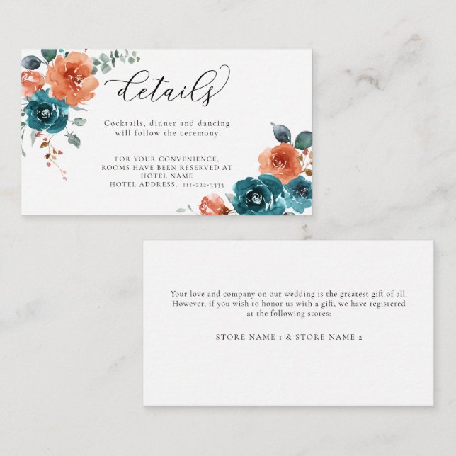 Teal Burnt Orange Floral Bouquets Wedding Details Enclosure Card (Front/Back)