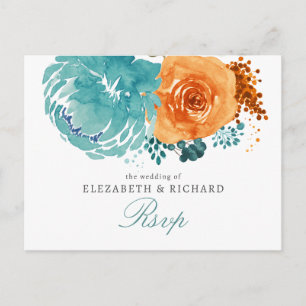 Teal Burnt Orange Floral Fall Wedding Rsvp Postcard