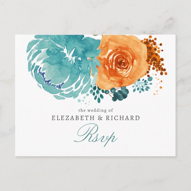 Teal Burnt Orange Floral Fall Wedding Rsvp Postcard (Front)