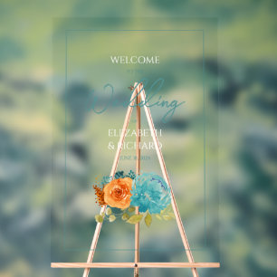 Teal burnt Orange Floral Fall Wedding Welcome Acrylic Sign