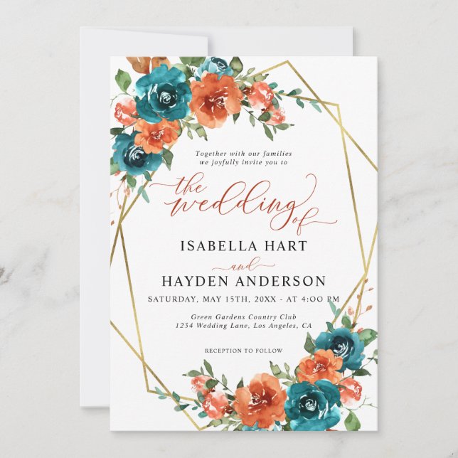 Teal Burnt Orange Floral Gold Fall Wedding Invitation (Front)