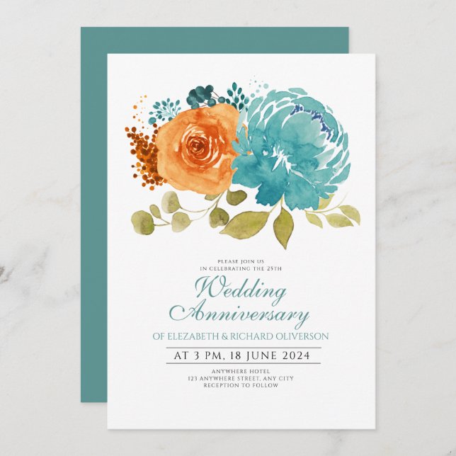 Teal Burnt Orange Floral Wedding Anniversary Invitation (Front/Back)