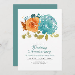 Teal Burnt Orange Floral Wedding Anniversary Invitation