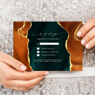 Teal, Burnt Orange & Gold Agate RSVP Invitation