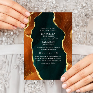 Teal, Burnt Orange & Gold Agate Wedding Invitation
