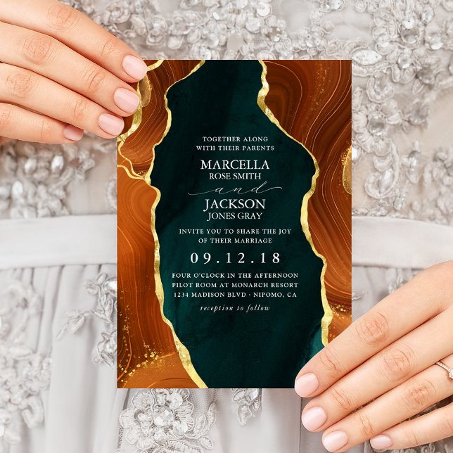 Teal, Burnt Orange & Gold Agate Wedding Invitation (Creator Uploaded)