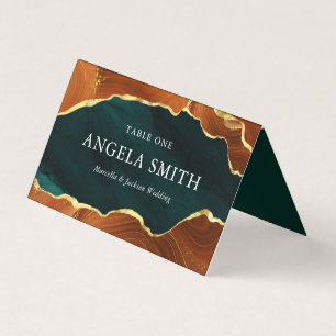 Teal, Burnt Orange & Gold Agate Wedding Place Card