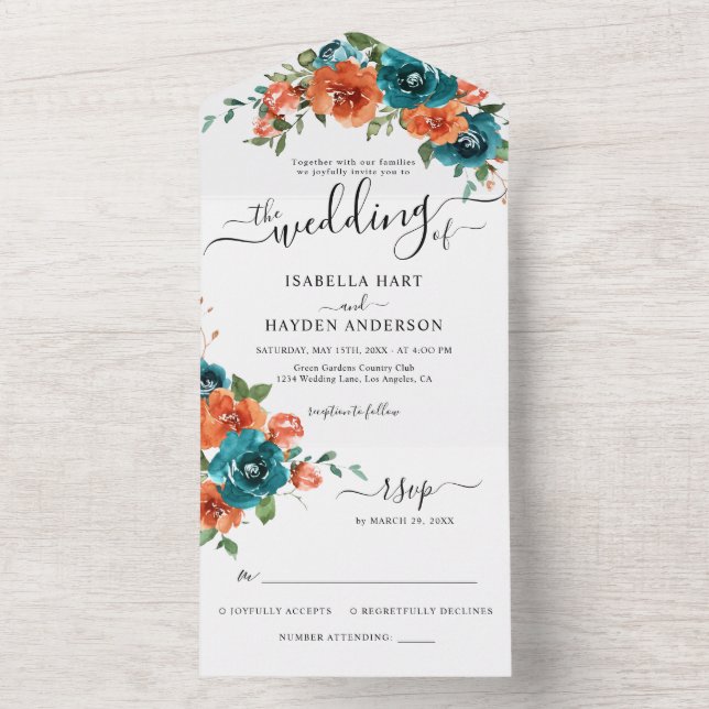  Teal Burnt Orange Rust Rustic Floral Wedding RSVP All In One Invitation (Inside)