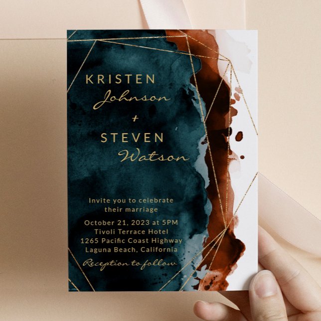 Teal & Burnt Orange Watercolor Wedding Invitation (Creator Uploaded)