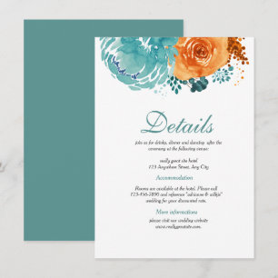 Teal Burt Orange Floral Fall Wedding Details Enclosure Card