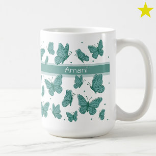 Teal Butterflies & Dots Custom Name Monogram Coffee Mug