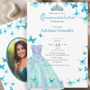 Teal Butterflies Dress Tiara Photo Quinceanera Invitation